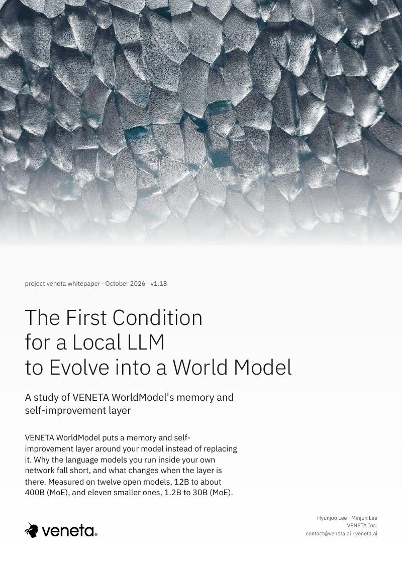 Cover of the VENETA whitepaper, The First Condition for a Local LLM to Evolve into a World Model